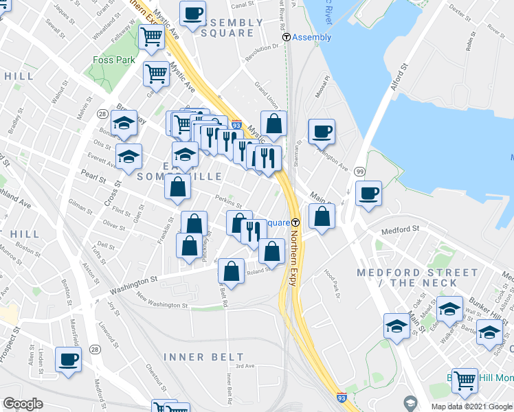 map of restaurants, bars, coffee shops, grocery stores, and more near 16 Mount Vernon Street in Somerville