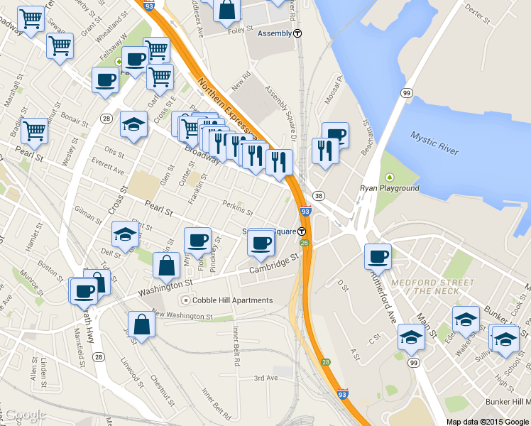 map of restaurants, bars, coffee shops, grocery stores, and more near 16 Mount Vernon Street in Somerville