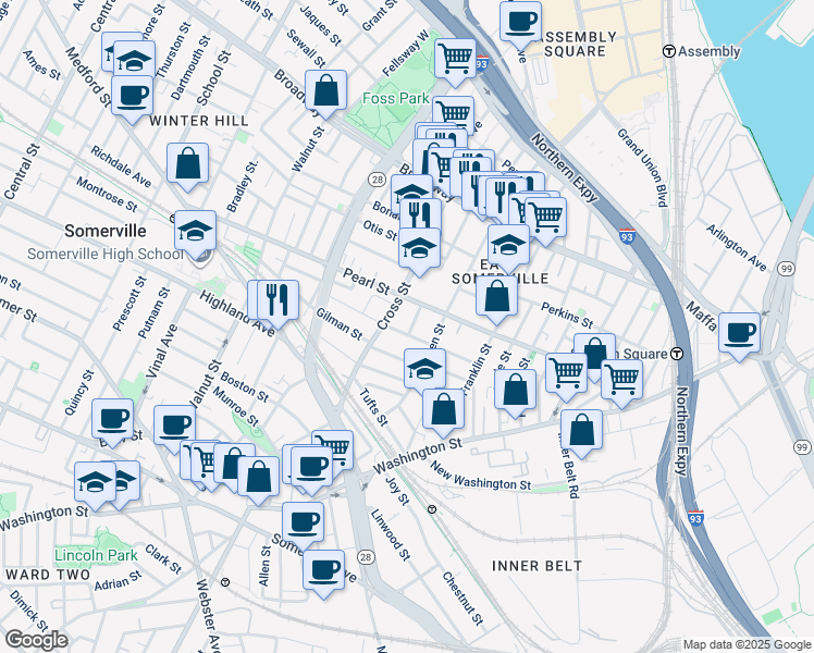 map of restaurants, bars, coffee shops, grocery stores, and more near 76B Cross Street in Somerville