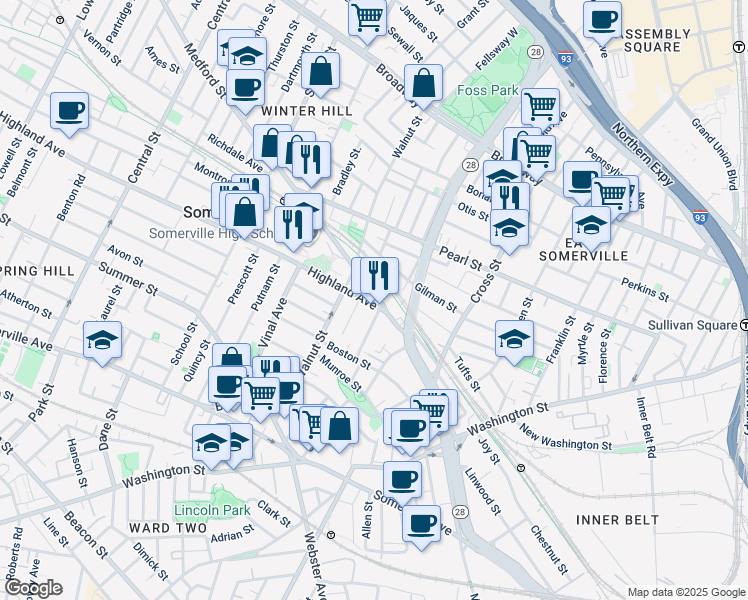 map of restaurants, bars, coffee shops, grocery stores, and more near 285 Medford Street in Somerville