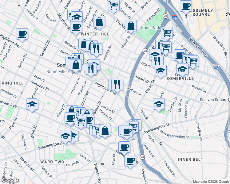 map of restaurants, bars, coffee shops, grocery stores, and more near 285 Medford Street in Somerville