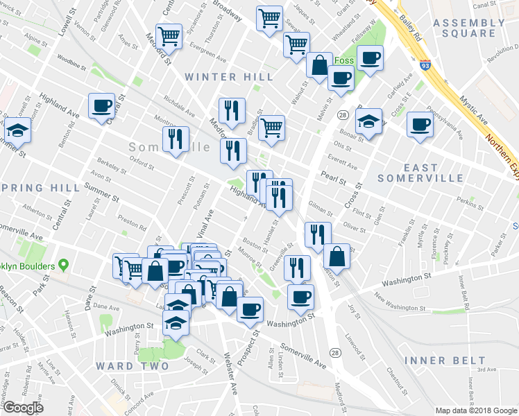 map of restaurants, bars, coffee shops, grocery stores, and more near 350 Medford Street in Somerville