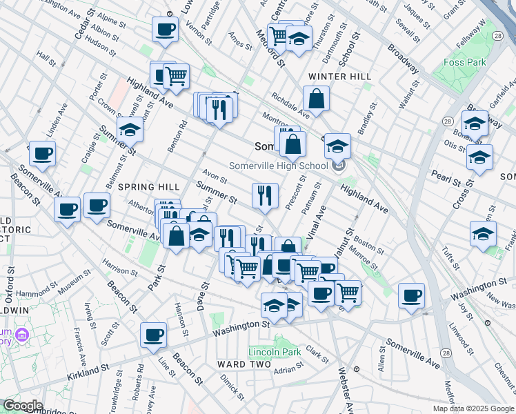 map of restaurants, bars, coffee shops, grocery stores, and more near 27 Avon Street in Somerville