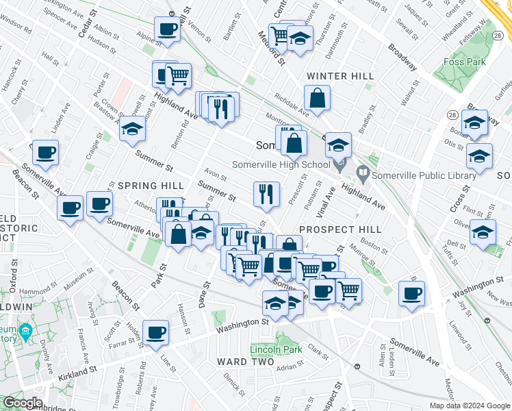 map of restaurants, bars, coffee shops, grocery stores, and more near 27 Avon Street in Somerville