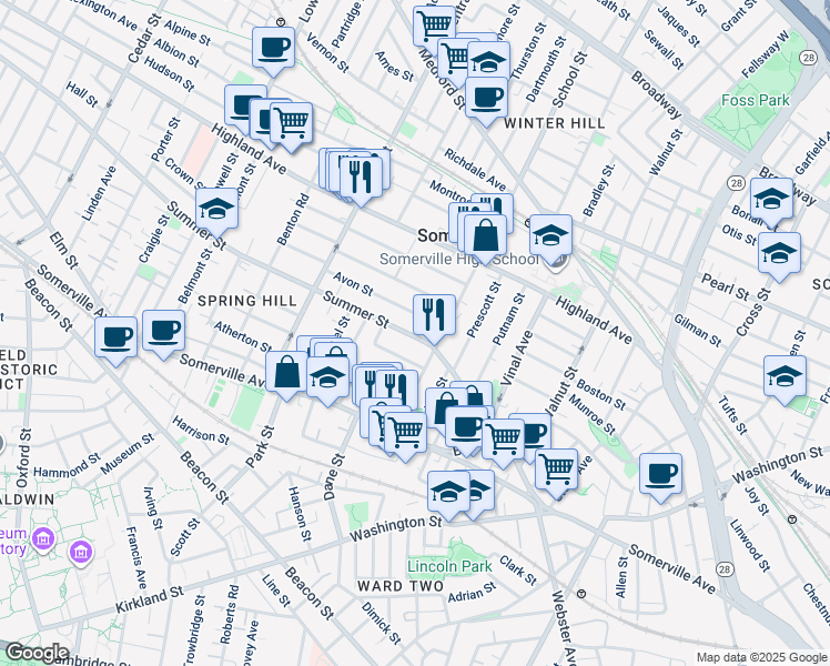 map of restaurants, bars, coffee shops, grocery stores, and more near 27 Avon Street in Somerville