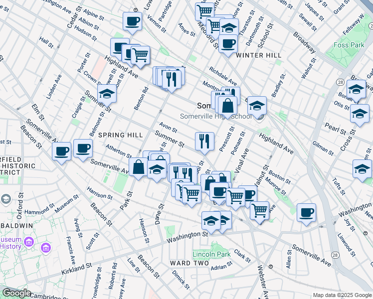 map of restaurants, bars, coffee shops, grocery stores, and more near 27 Avon Street in Somerville