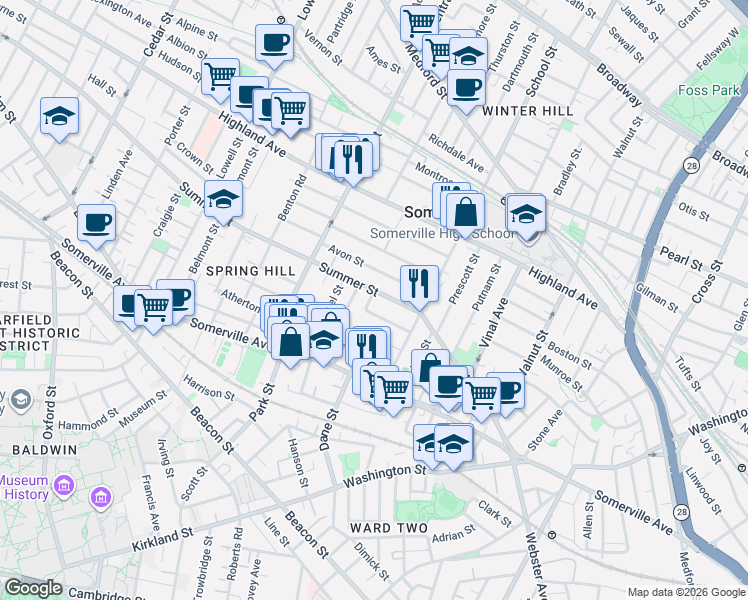 map of restaurants, bars, coffee shops, grocery stores, and more near 117 Summer Street in Somerville