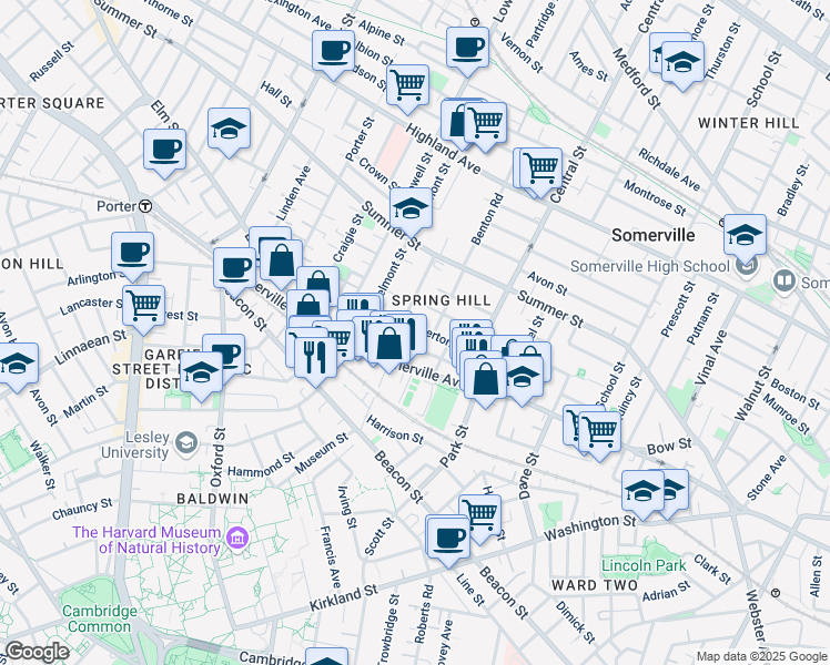 map of restaurants, bars, coffee shops, grocery stores, and more near 32 Spring Street in Somerville