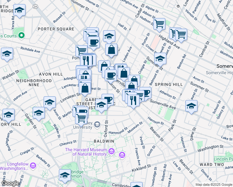 map of restaurants, bars, coffee shops, grocery stores, and more near 345 Beacon Street in Somerville