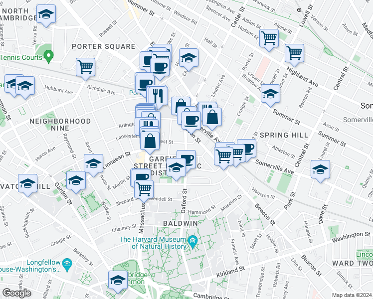 map of restaurants, bars, coffee shops, grocery stores, and more near 133 Oxford Street in Cambridge