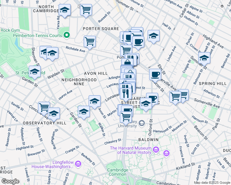 map of restaurants, bars, coffee shops, grocery stores, and more near 15 Humboldt Street in Cambridge