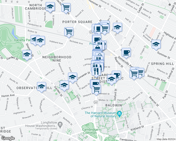map of restaurants, bars, coffee shops, grocery stores, and more near 15 Humboldt Street in Cambridge