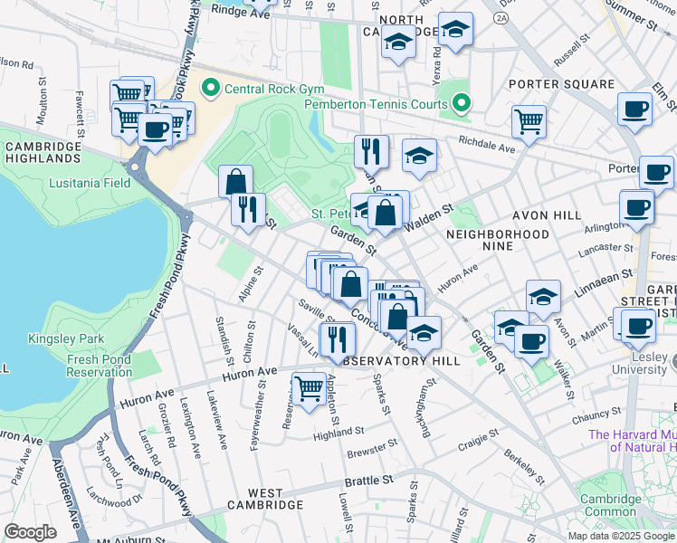 map of restaurants, bars, coffee shops, grocery stores, and more near 180 Fayerweather Street in Cambridge