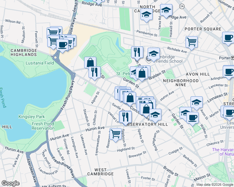 map of restaurants, bars, coffee shops, grocery stores, and more near 180 Fayerweather Street in Cambridge