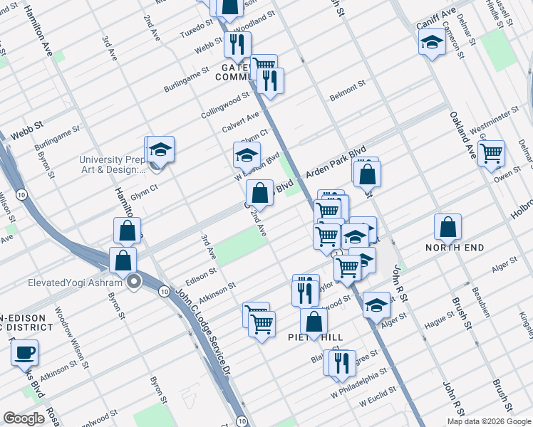 map of restaurants, bars, coffee shops, grocery stores, and more near 135 Chicago Boulevard in Detroit