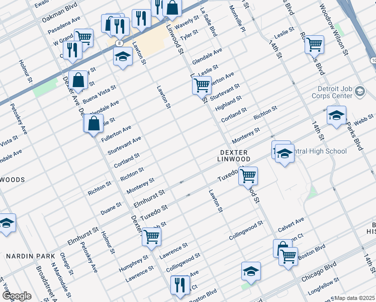 map of restaurants, bars, coffee shops, grocery stores, and more near 2722 Richton Street in Detroit
