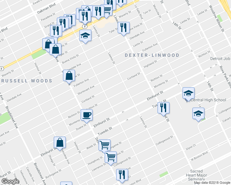 map of restaurants, bars, coffee shops, grocery stores, and more near 2925 Cortland Street in Detroit