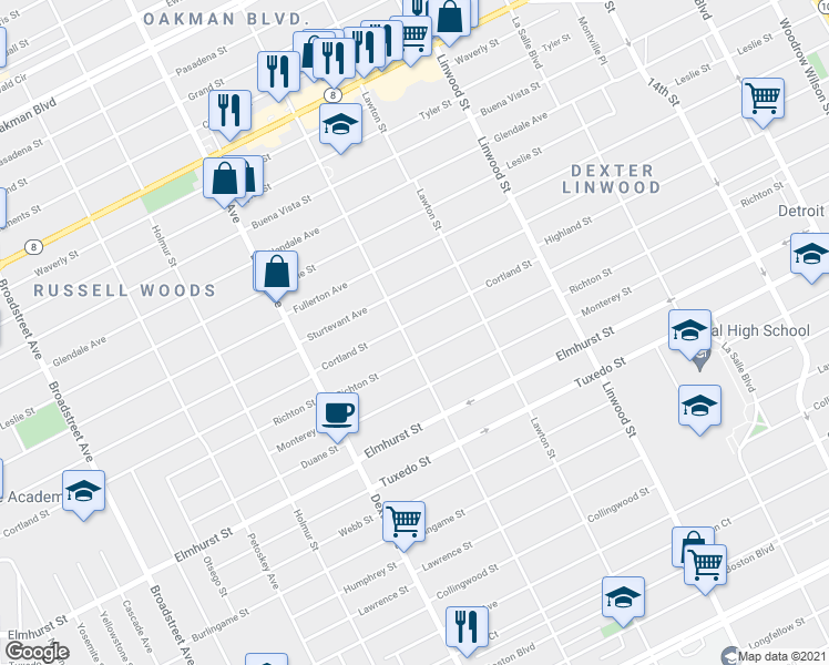 map of restaurants, bars, coffee shops, grocery stores, and more near 3000 Cortland Street in Detroit