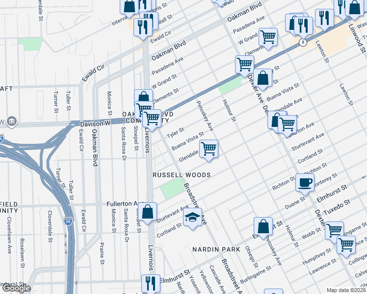 map of restaurants, bars, coffee shops, grocery stores, and more near 4310 Buena Vista Street in Detroit