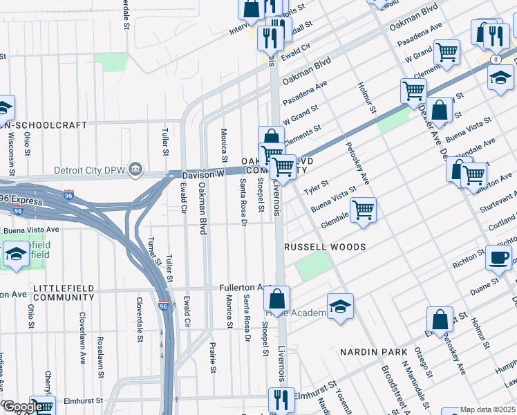 map of restaurants, bars, coffee shops, grocery stores, and more near 13193 Stoepel Street in Detroit