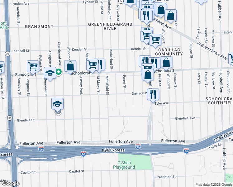 map of restaurants, bars, coffee shops, grocery stores, and more near 13550 Mansfield Street in Detroit