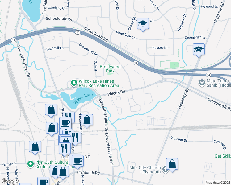 map of restaurants, bars, coffee shops, grocery stores, and more near 14601 Village Court in Plymouth