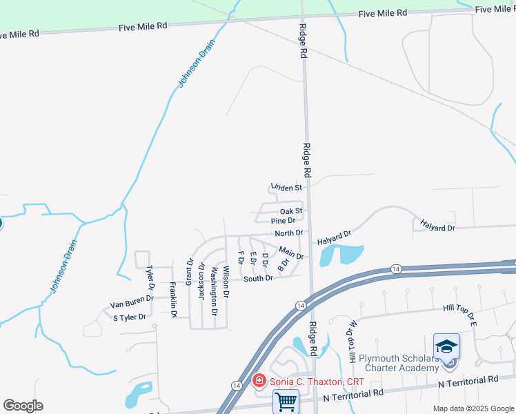 map of restaurants, bars, coffee shops, grocery stores, and more near 14401 Ridge Road in Plymouth