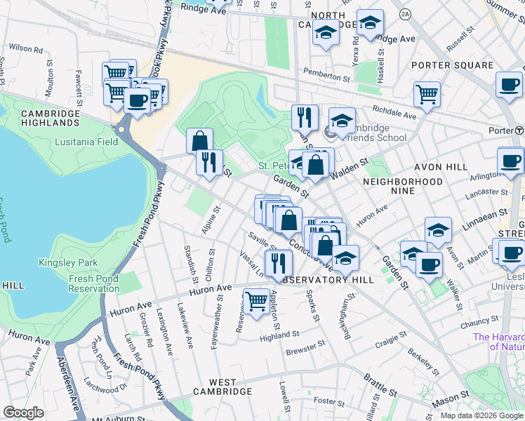map of restaurants, bars, coffee shops, grocery stores, and more near 180 Fayerweather Street in Cambridge