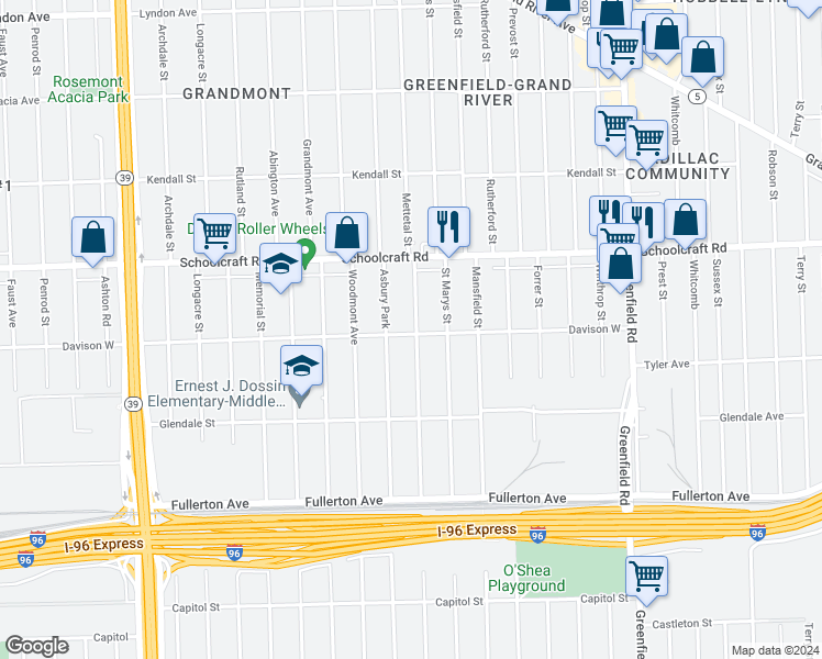 map of restaurants, bars, coffee shops, grocery stores, and more near 13503 Mettetal Street in Detroit