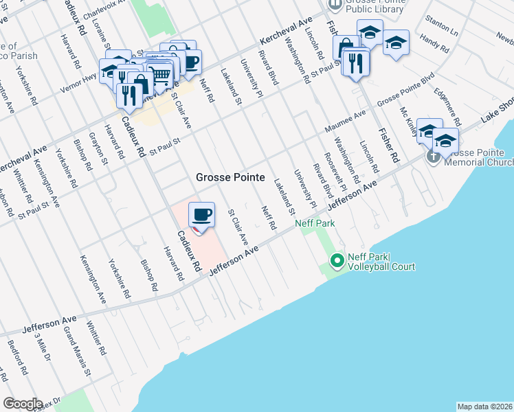 map of restaurants, bars, coffee shops, grocery stores, and more near 386 Neff Road in Grosse Pointe