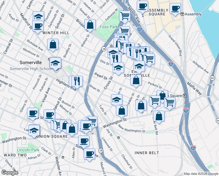 map of restaurants, bars, coffee shops, grocery stores, and more near 76B Cross Street in Somerville