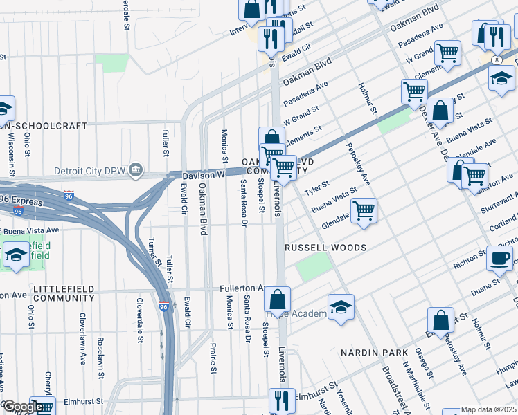 map of restaurants, bars, coffee shops, grocery stores, and more near 13193 Stoepel Street in Detroit