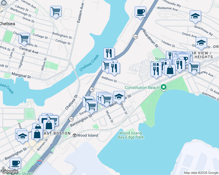 map of restaurants, bars, coffee shops, grocery stores, and more near 107 Addison Street in Boston