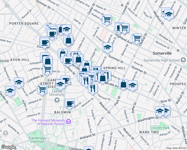 map of restaurants, bars, coffee shops, grocery stores, and more near 651 Somerville Avenue in Somerville