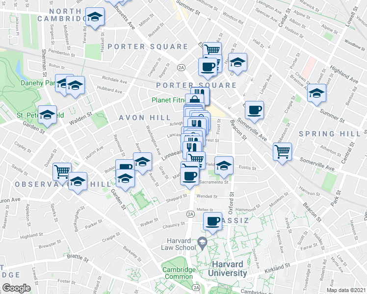map of restaurants, bars, coffee shops, grocery stores, and more near 15 Humboldt Street in Cambridge