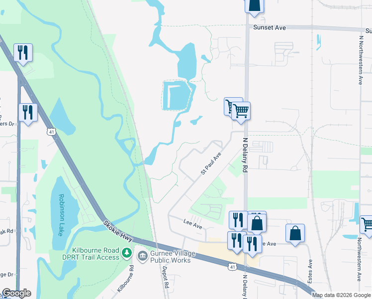 map of restaurants, bars, coffee shops, grocery stores, and more near 1800 Wedgewood Drive in Gurnee