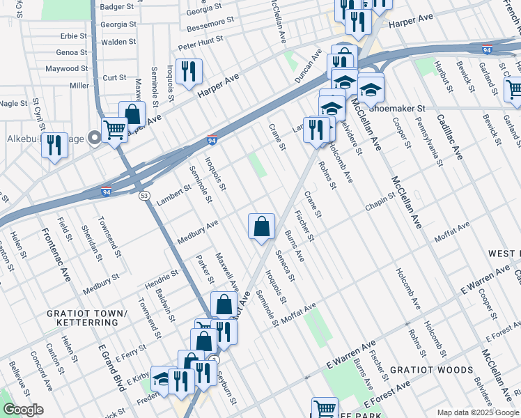map of restaurants, bars, coffee shops, grocery stores, and more near 5926 Seneca Street in Detroit