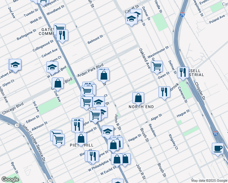 map of restaurants, bars, coffee shops, grocery stores, and more near 222 Kenilworth Street in Detroit