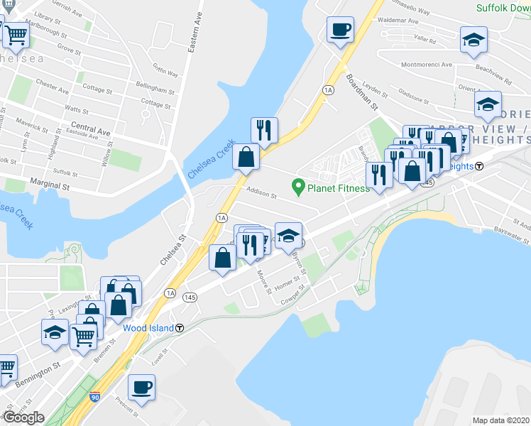 map of restaurants, bars, coffee shops, grocery stores, and more near 43 Wordsworth Street in Boston