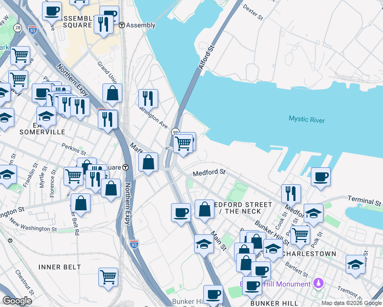map of restaurants, bars, coffee shops, grocery stores, and more near 529 Main Street in Boston