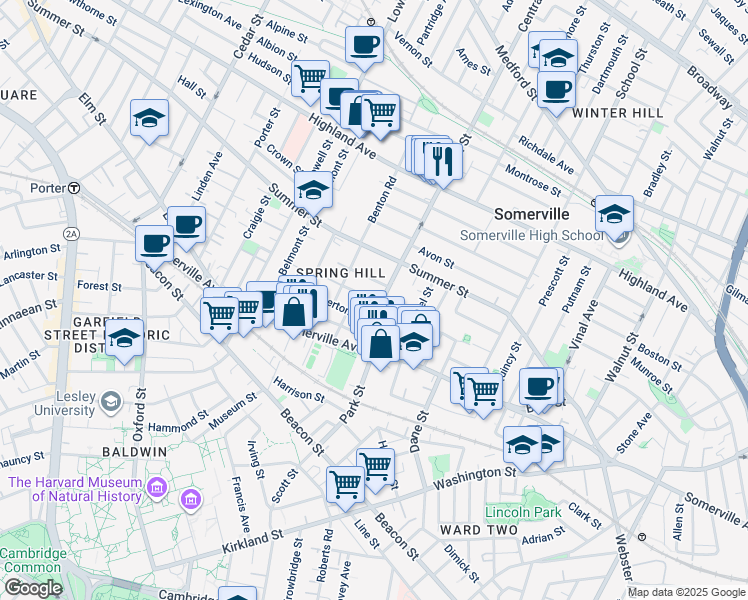map of restaurants, bars, coffee shops, grocery stores, and more near 5 Cleveland Street in Somerville