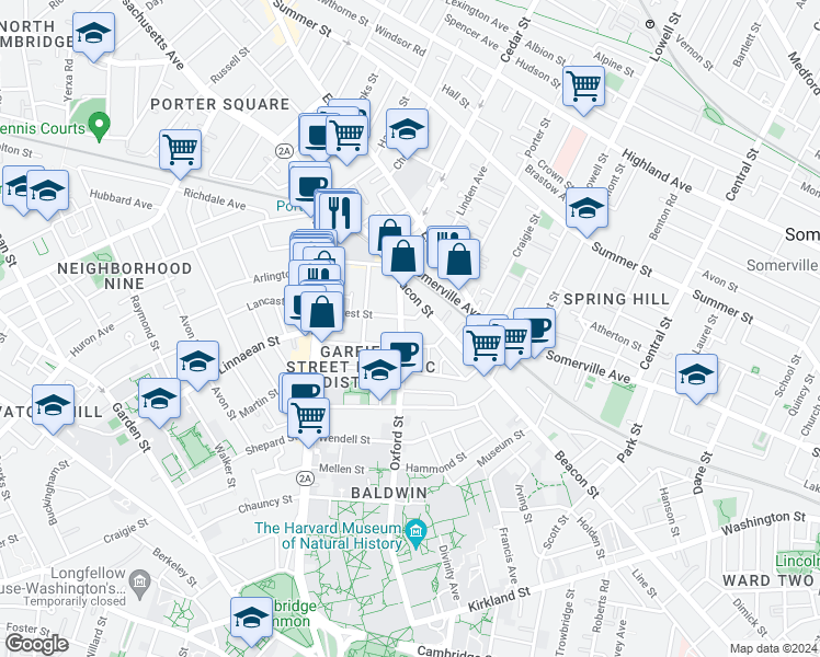 map of restaurants, bars, coffee shops, grocery stores, and more near 128 Oxford Street in Cambridge