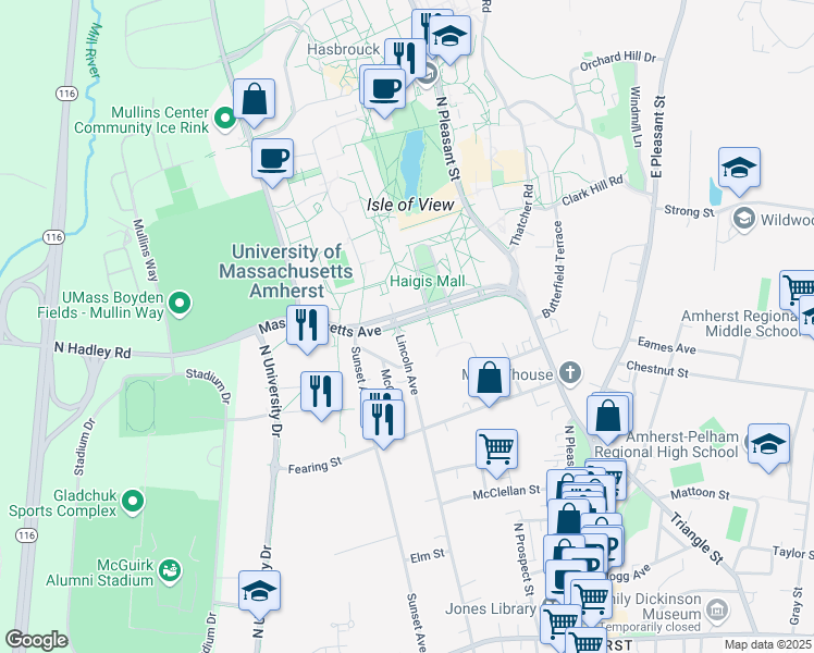 map of restaurants, bars, coffee shops, grocery stores, and more near 345 Lincoln Avenue in Amherst