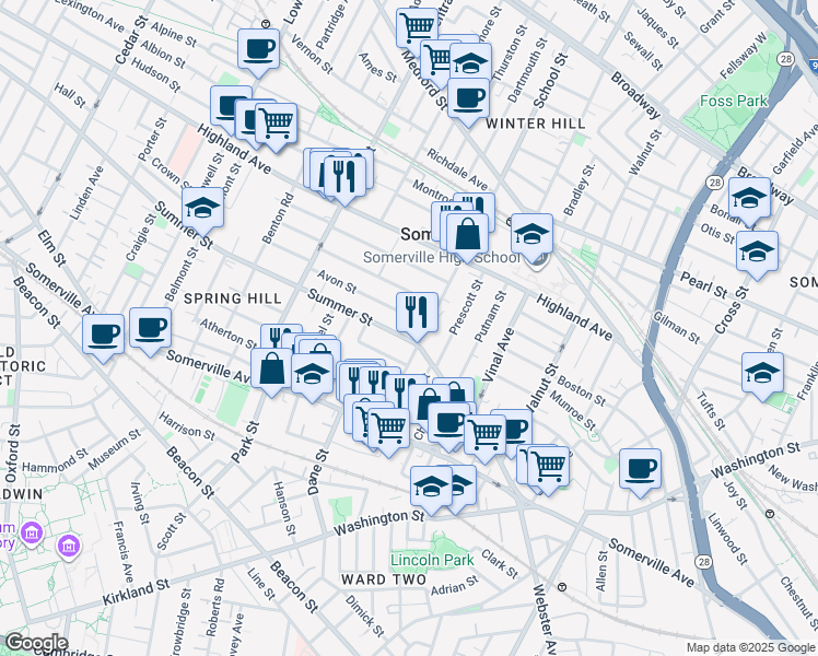 map of restaurants, bars, coffee shops, grocery stores, and more near 27 Avon Street in Somerville