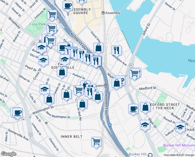 map of restaurants, bars, coffee shops, grocery stores, and more near 23 Caldwell Street in Boston
