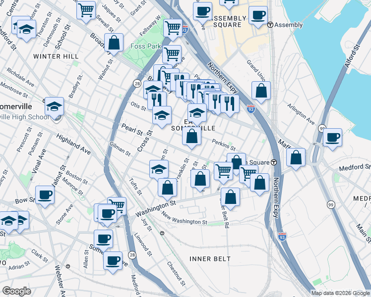 map of restaurants, bars, coffee shops, grocery stores, and more near 16 Webster Street in Somerville