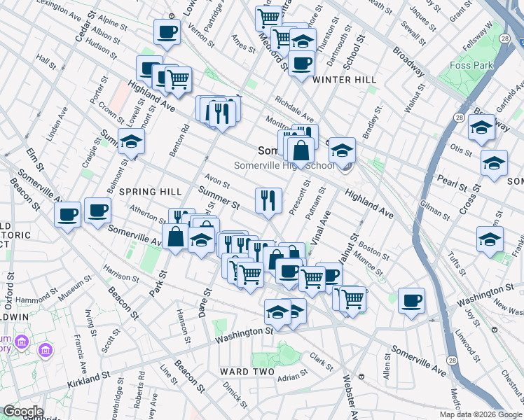 map of restaurants, bars, coffee shops, grocery stores, and more near 27 Avon Street in Somerville