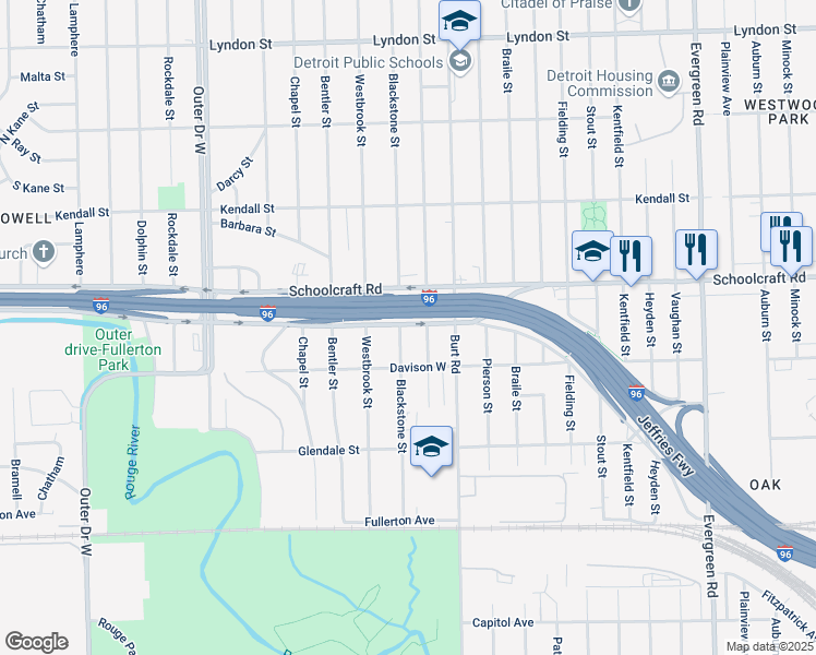 map of restaurants, bars, coffee shops, grocery stores, and more near 13574 Blackstone Street in Detroit