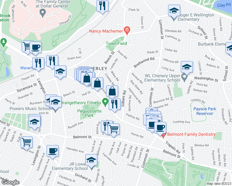 map of restaurants, bars, coffee shops, grocery stores, and more near 58 Slade Street in Belmont