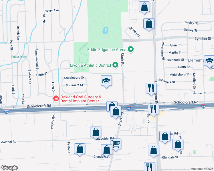 map of restaurants, bars, coffee shops, grocery stores, and more near 14041 Stark Road in Livonia